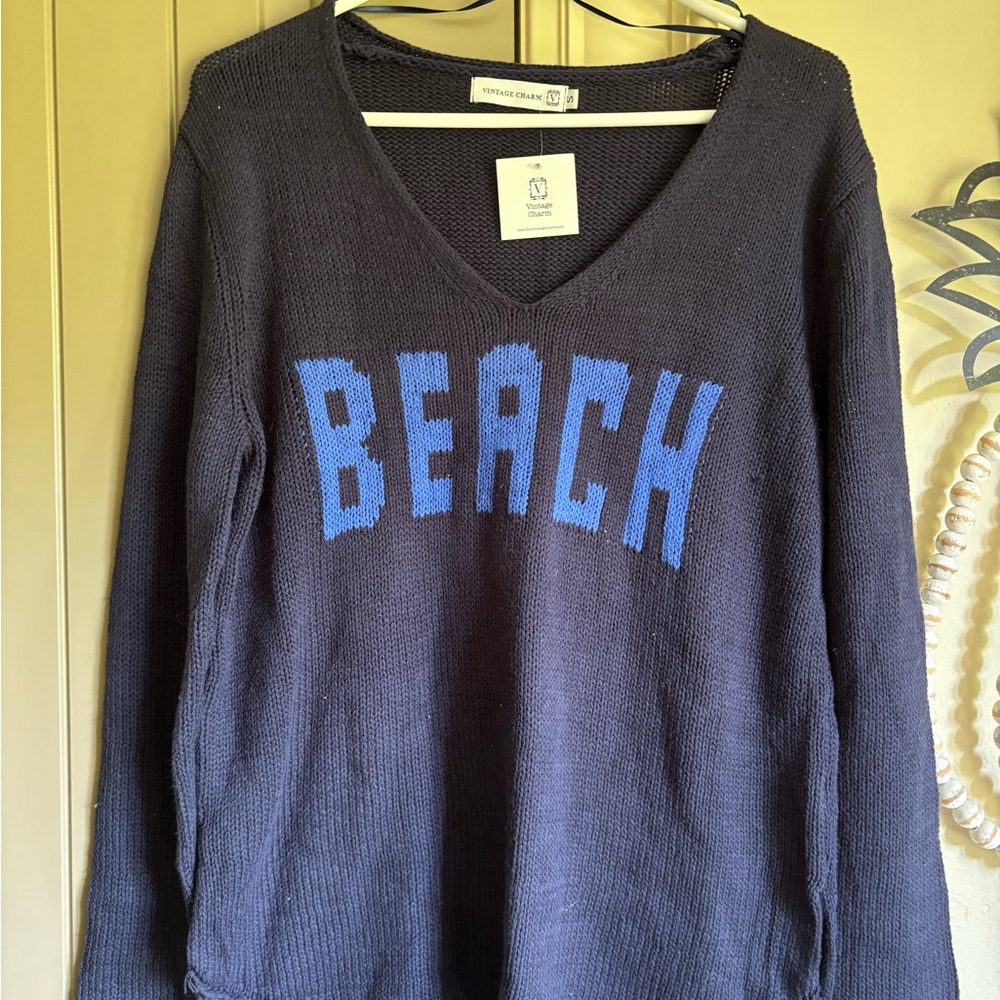 Vintage Charm Navy Knit Beach v neck Sweater clothes